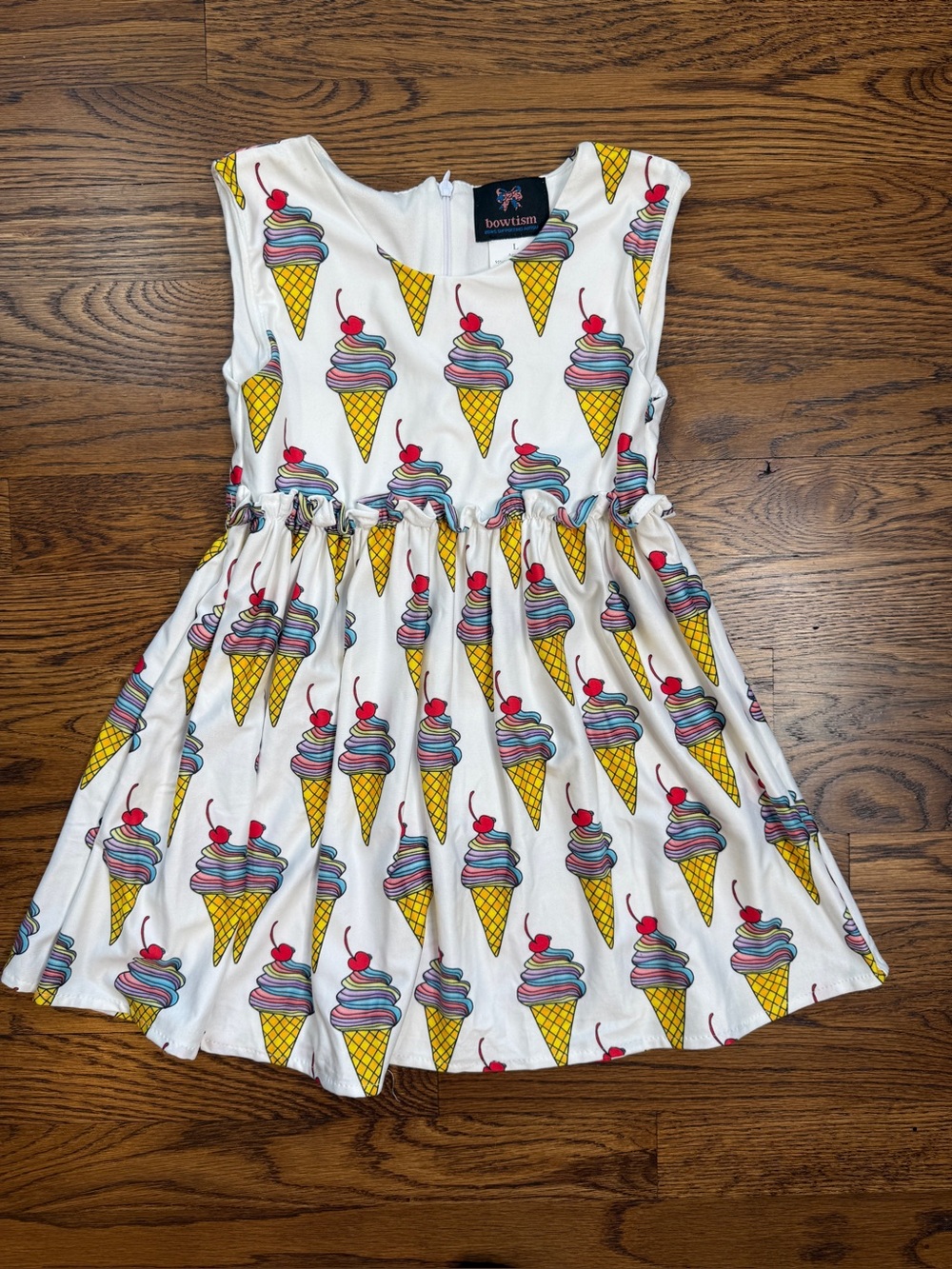 Bowtism Girls White Ice Cream Print Cotton Spandex Celebration Dress Size 4T